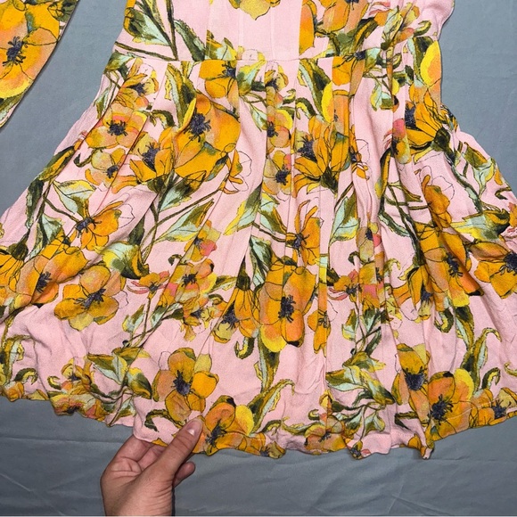Free People Tegan Printed Floral Pleated Dress | Pink & Yellow | Size 6 - Picture 5 of 11